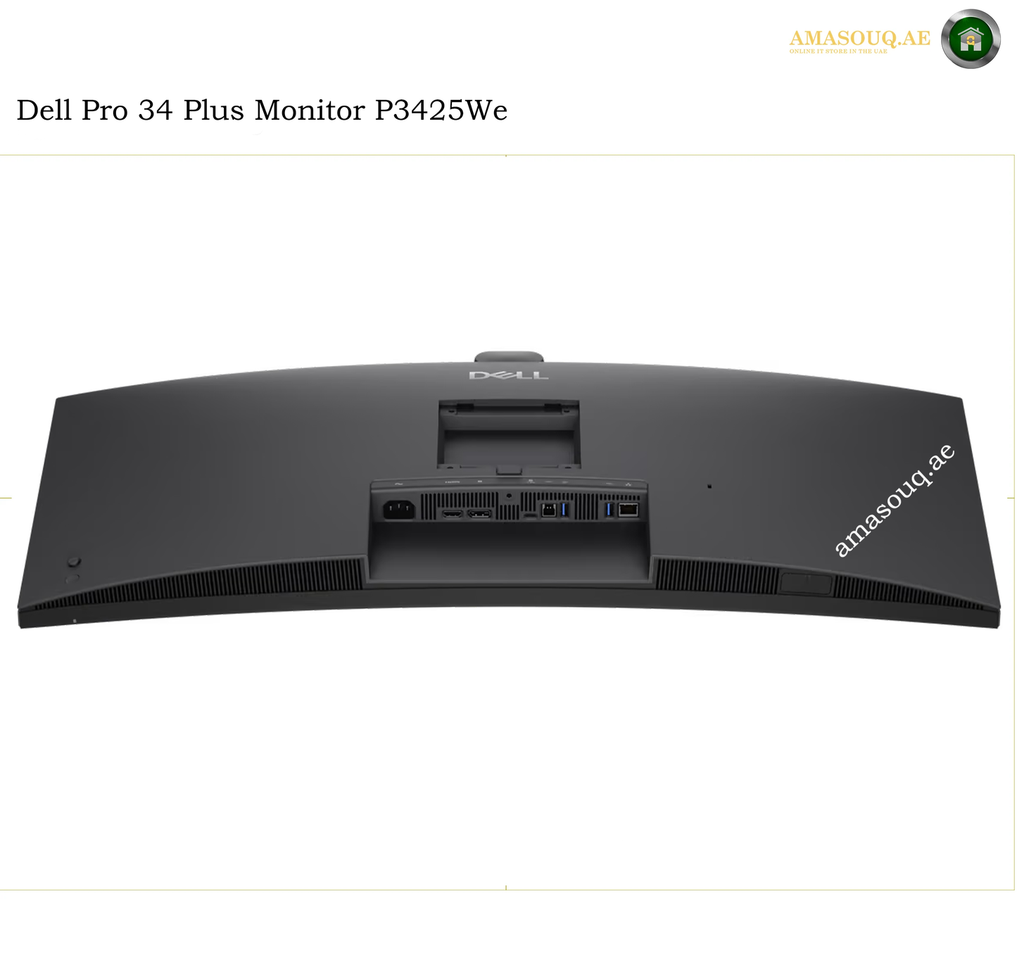 Dell P3426WEB HDMI DisplayPort USB-C USB ports. Dell Pro 34 Plus Monitor P3425We shown from the rear, featuring a curved black bezel, ventilation grilles, and multiple ports on the back panel, set against a plain white background.