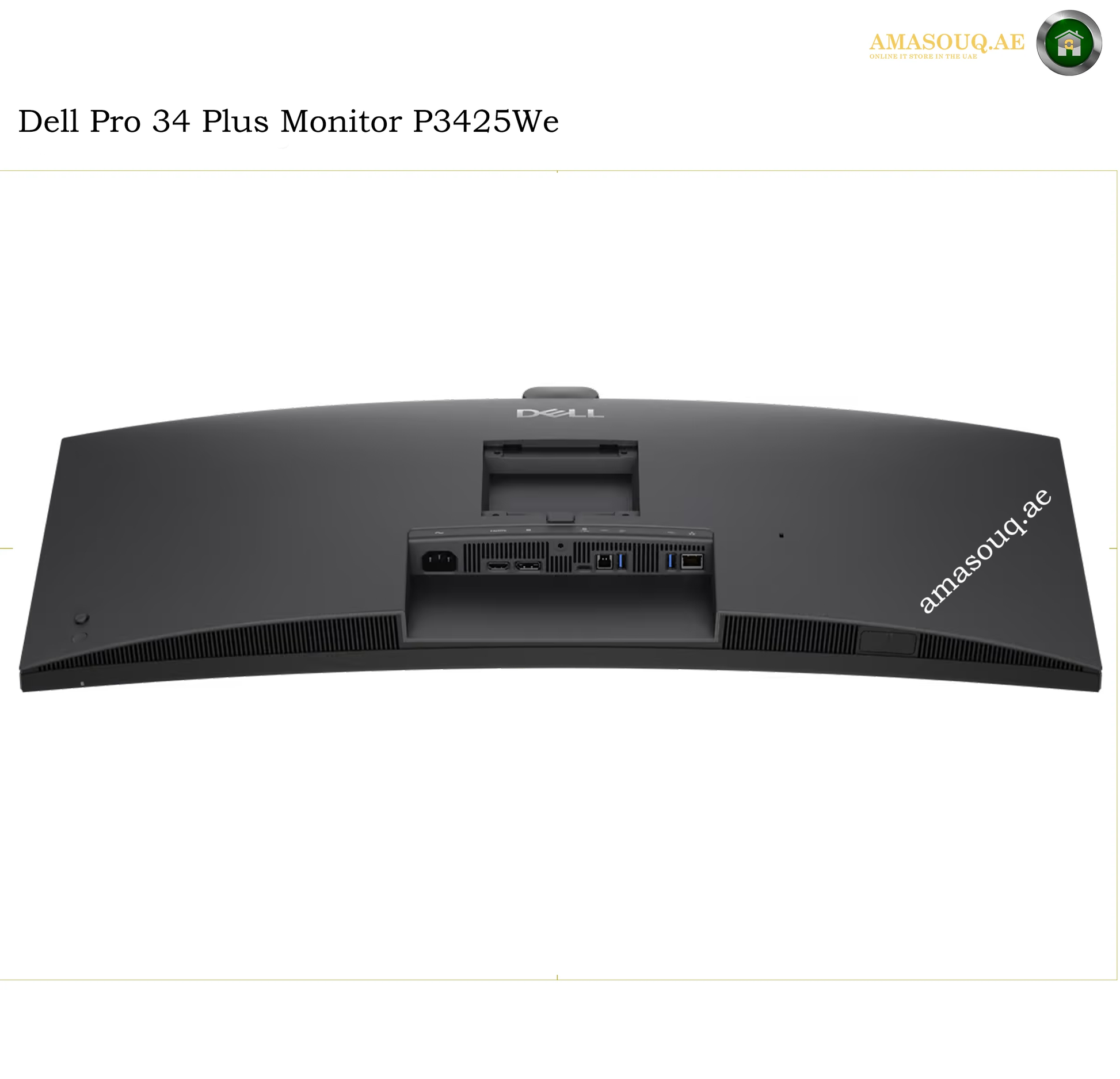 Dell P3426WEB HDMI DisplayPort USB-C USB ports. Dell Pro 34 Plus Monitor P3425We shown from the rear, featuring a curved black bezel, ventilation grilles, and multiple ports on the back panel, set against a plain white background.