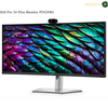 Dell P3426WEB curved IPS ultrawide monitor. Dell Pro 34 Plus Monitor P3425We with a wide 16:9 aspect ratio screen displaying a colorful iridescent scale pattern. The monitor has a slim black bezel, a silver stand, and a black webcam on top.