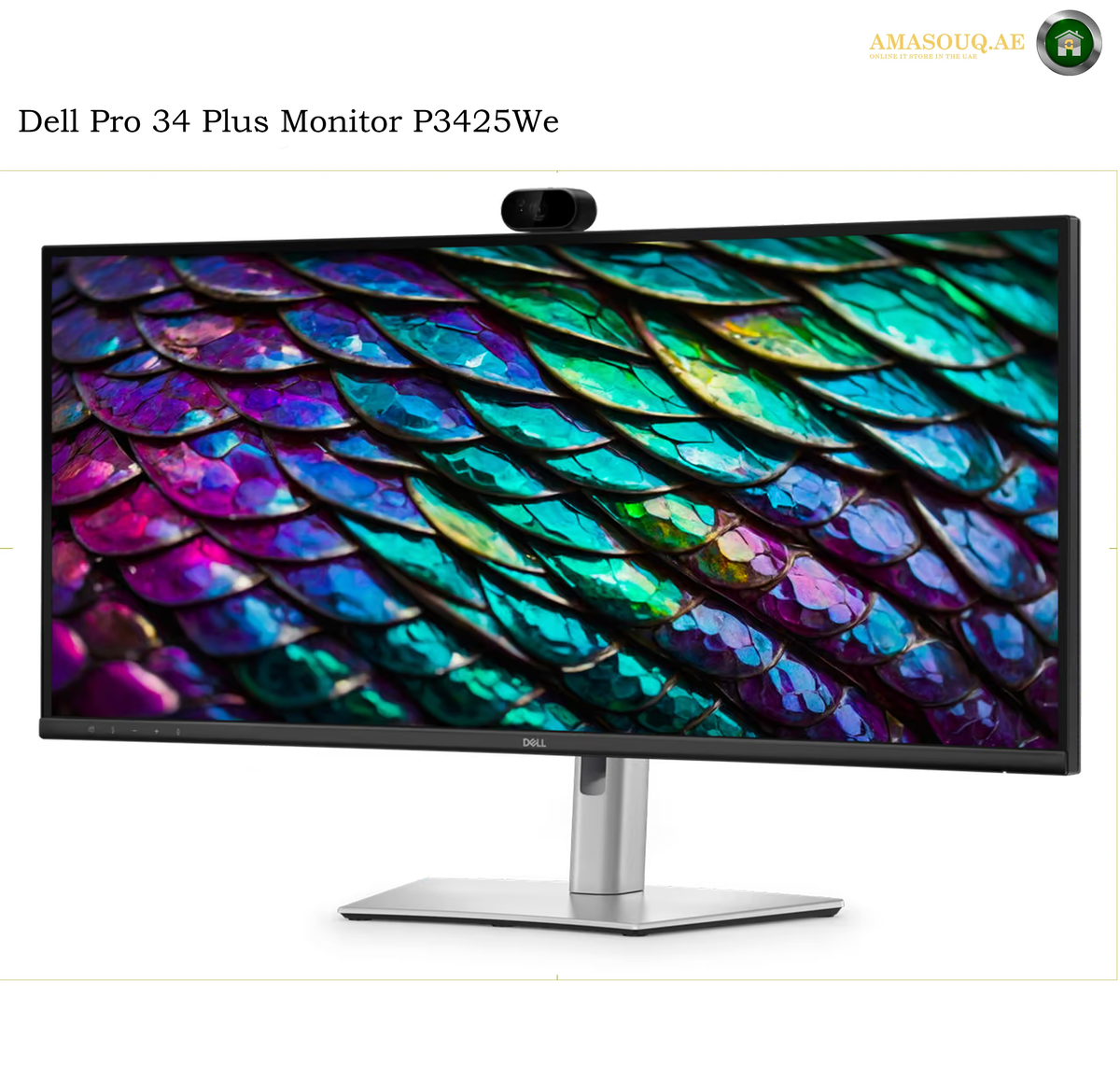 Dell P3426WEB curved IPS ultrawide monitor. Dell Pro 34 Plus Monitor P3425We with a wide 16:9 aspect ratio screen displaying a colorful iridescent scale pattern. The monitor has a slim black bezel, a silver stand, and a black webcam on top.