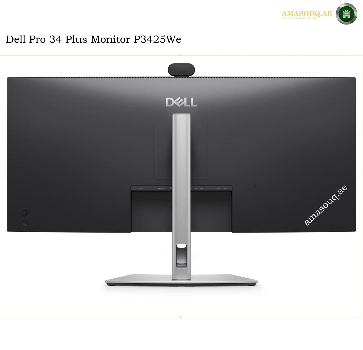 Dell P3426WEB USB-C 90W Power Delivery monitor. Dell Pro 34 Plus Monitor P3425We rear view showing the matte black screen, silver stand, and webcam on a white background.