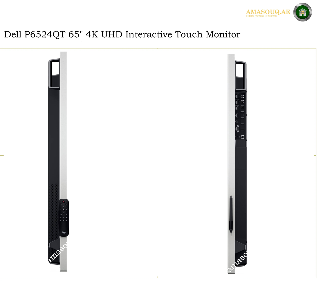Dell P6524QT 20 point multi touch monitor. Dell P6524QT 65-inch 4K UHD interactive touch monitor shown from the side in two views against a white background, with text at the top reading 'Dell P6524QT 65" 4K UHD Interactive Touch Monitor'.