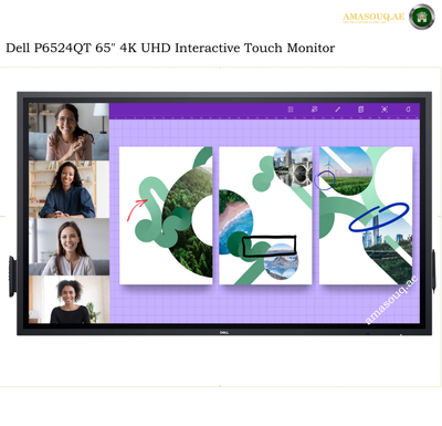Dell P6524QT 65 inch 4K interactive touch monitor. A Dell P6524QT 65" 4K UHD Interactive Touch Monitor shown on a white background with a video conference interface overlay on the left side of the screen. The monitor displays a presentation with green and white abstract graphics.