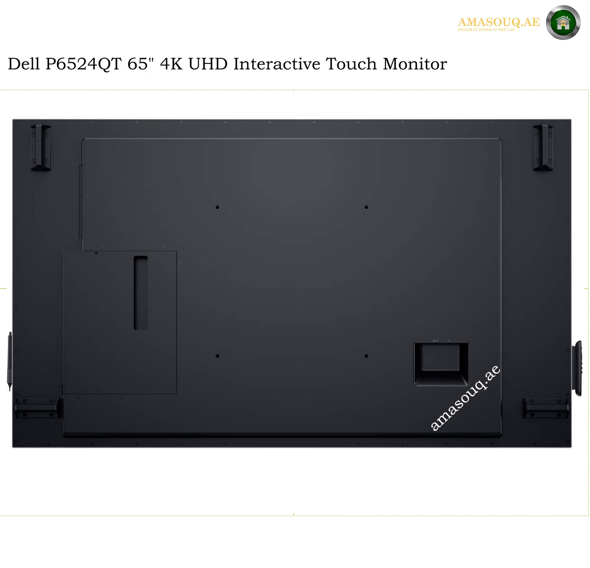 Dell P6524QT rear view 65 inch monitor. The back view of a Dell P6524QT 65-inch 4K UHD interactive touch monitor, showing a matte black chassis with mounting feet and a small port on the lower right, set against a white background with text overlays.
