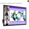 Dell P6524QT dual 20W built in speakers.A Dell P6524QT 65-inch 4K UHD interactive touch monitor shown on a white background with a product title at the top and a small logo at the top right. The screen displays a purple grid workspace with multiple video call windows on the left and abstract green landscape collage panels on the right.