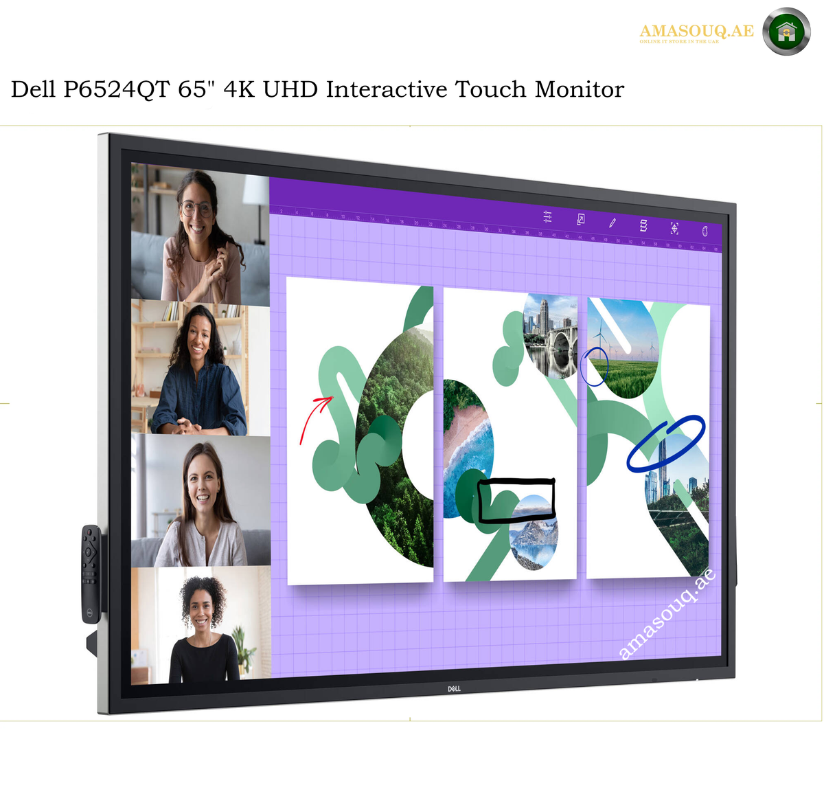 Dell P6524QT dual 20W built in speakers.A Dell P6524QT 65-inch 4K UHD interactive touch monitor shown on a white background with a product title at the top and a small logo at the top right. The screen displays a purple grid workspace with multiple video call windows on the left and abstract green landscape collage panels on the right.
