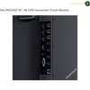 dell-p6524qt-usb-c-connectivity. Close-up of the rear panel of a Dell P6524QT 65-inch 4K UHD interactive touch monitor, showing various input and output ports including HDMI, VGA, DVI, and Ethernet, on a light beige background with text overlays.