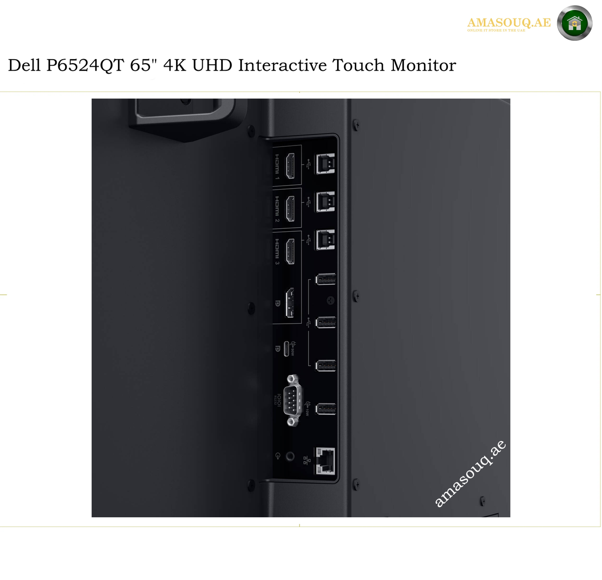 dell-p6524qt-usb-c-connectivity. Close-up of the rear panel of a Dell P6524QT 65-inch 4K UHD interactive touch monitor, showing various input and output ports including HDMI, VGA, DVI, and Ethernet, on a light beige background with text overlays.