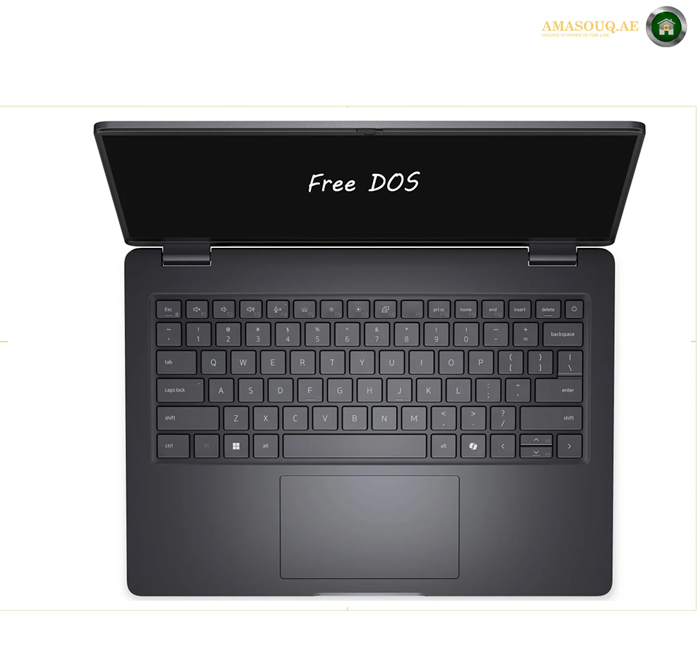 Dell Pro 14 PC14250 14 Inch FHD+ Non-Touch Display. A black convertible laptop shown open from a top-down view on a white background, with the screen displaying the text 'Free DOS'.