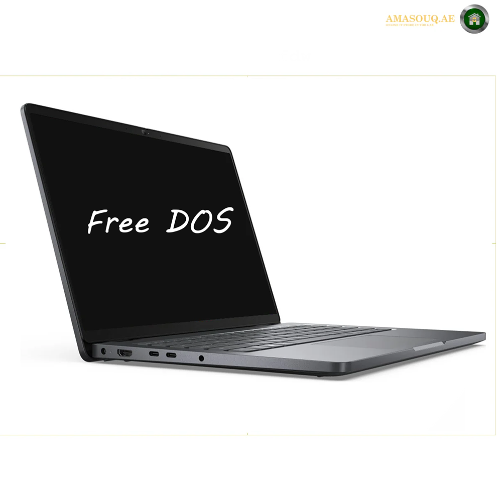 Dell Pro 14 PC14250 14 inch FHD+ laptop front view | PC14250C516G. A dark gray laptop shown open at an angle on a white background, with the screen displaying the text 'Free DOS' in white. The image includes a small 'AMASOUQAE' watermark in the top right corner.