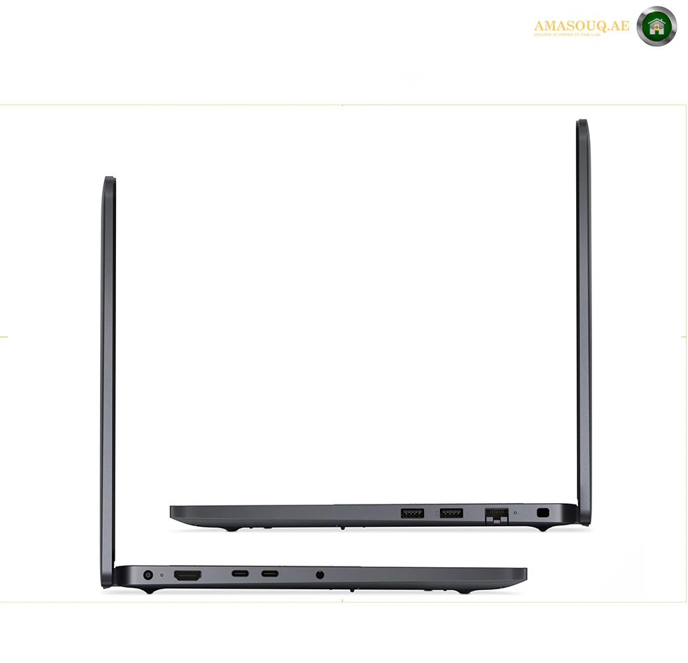 Dell Pro 14 PC14250 14 inch FHD+ laptop front view. A slim black laptop shown from the side in two views against a white background, with a small AMASOUQAE watermark/logo in the top right corner.