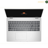 An open silver laptop shown from a top-down view on a white background, with a black screen displaying the Ubuntu logo and a full-sized keyboard and trackpad.
