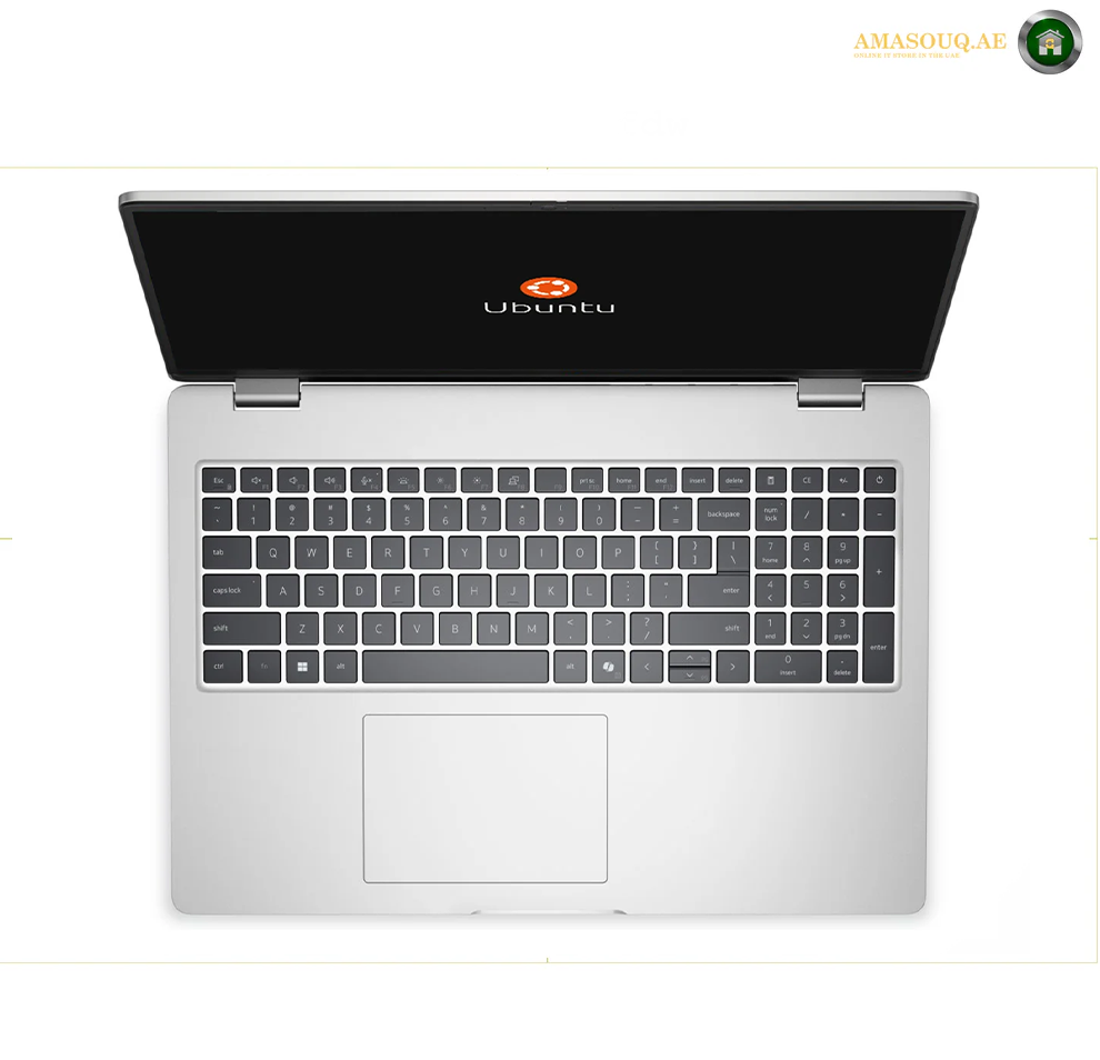 An open silver laptop shown from a top-down view on a white background, with a black screen displaying the Ubuntu logo and a full-sized keyboard and trackpad.
