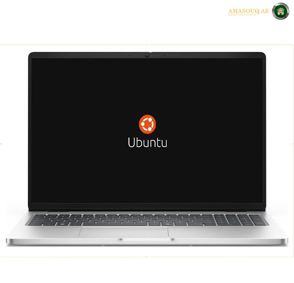 A silver laptop shown open against a white background, with the Ubuntu logo and name displayed on the black screen.