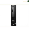 Dell Pro Micro QCM1250 i3-14100T compact desktop front view. A black Dell mini PC tower shown from the front on a white background, featuring a vertical ribbed metal chassis, a power button, audio jack, USB-C, and USB-A ports.