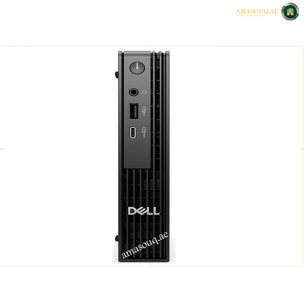 Dell Pro Micro QCM1250 i3-14100T compact desktop front view. A black Dell mini PC tower shown from the front on a white background, featuring a vertical ribbed metal chassis, a power button, audio jack, USB-C, and USB-A ports.