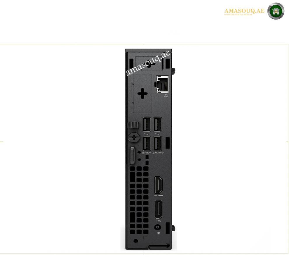 Dell Pro Micro QCM1250 rear connectivity ports. A black desktop mini PC shown from the rear, displaying various ports including USB, HDMI, and Ethernet, on a white background with a watermark.