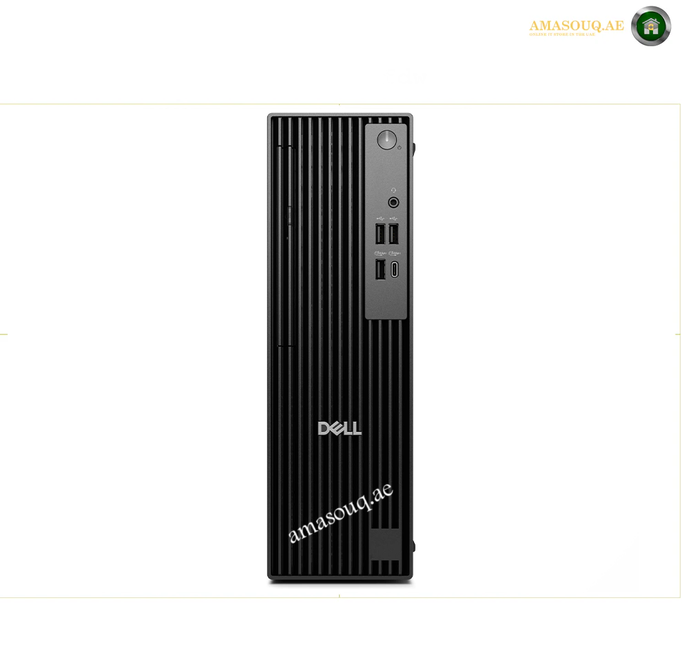 A black Dell desktop computer tower shown from the front on a plain white background, with vertical vent slits, a port panel on the right, and the Dell logo centered on the front.