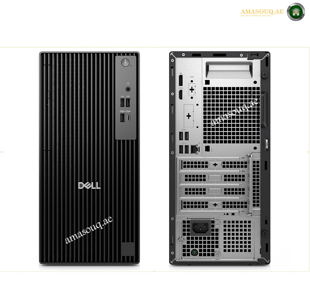 Dell Pro Tower QCT1250 | Network and Connectivity. Front and back views of a Dell desktop computer tower on a white background, showing the black ribbed front panel and the silver metal interior with drive bays and ventilation grilles.