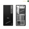 Dell Pro Tower QCT1250 Desktop | Connectivity and Ports. Front and back views of a Dell desktop computer tower on a white background, showing the black ribbed front panel and the silver metal interior with drive bays and ventilation grilles.