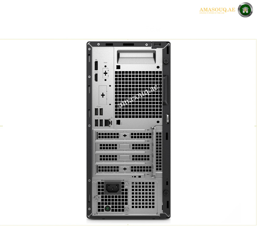 Dell Pro Tower QCT1250 Desktop Computer | Rear Ports. A silver and black desktop computer tower shown from the rear, featuring multiple ventilation grilles, ports, and a power supply interface, photographed on a white background.
