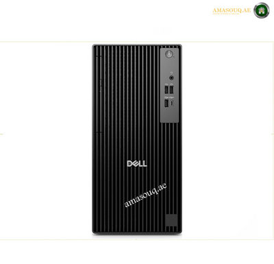 dell-pro-tower-qct1250-ultra-7-265-Front-side. A black Dell desktop computer tower with a ribbed front panel and vertical port panel on the right side, shown against a plain white background.