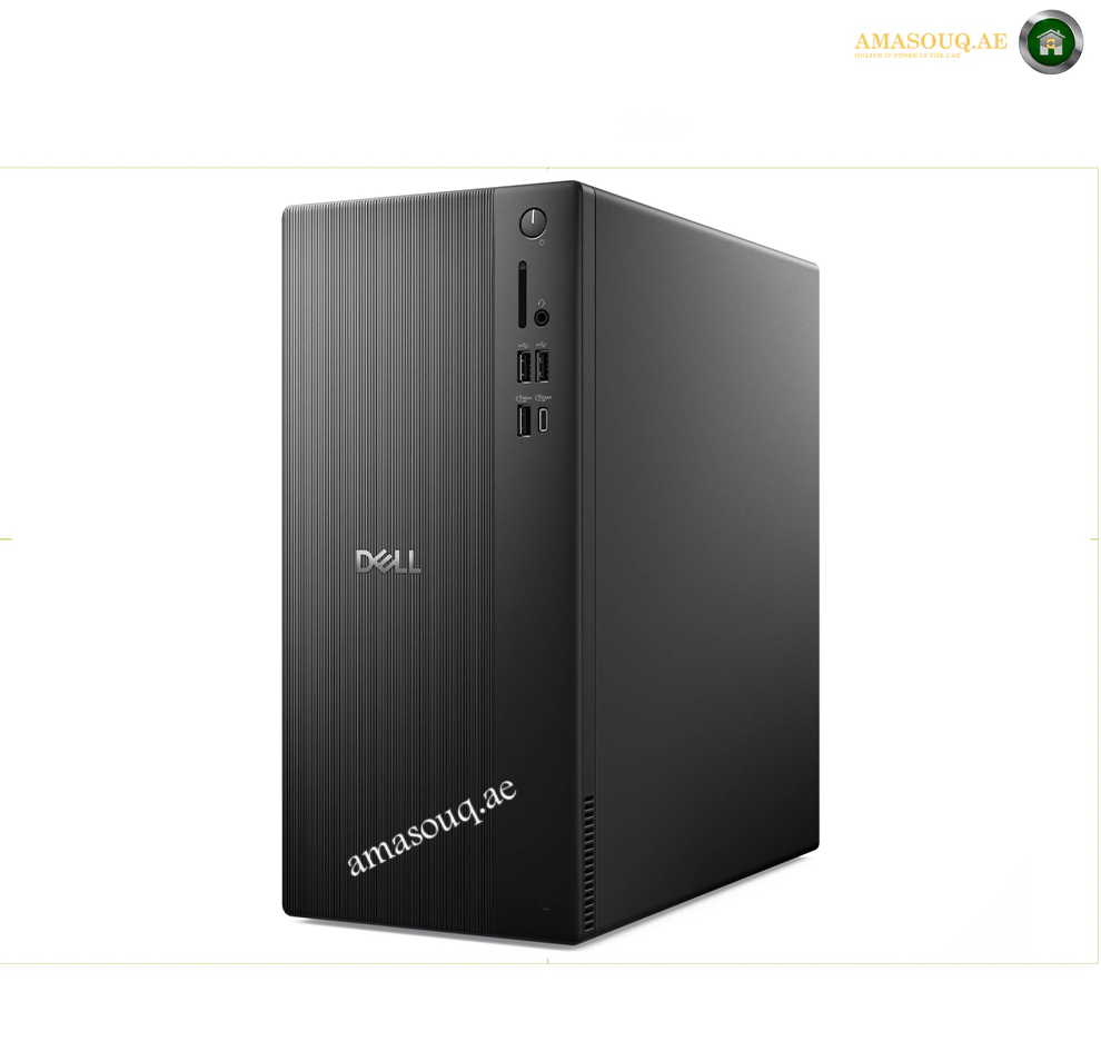 dell-pro-tower-qvt1260-i5-14500-front. A black Dell desktop computer tower shown from a three-quarter angle on a white background, with the Dell logo visible on the front.