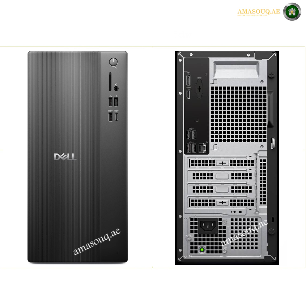dell-pro-tower-qvt1260-i5-14500-office. Front and back views of a Dell desktop computer tower on a white background, showing the dark gray ribbed front panel and the silver metal interior with ports and ventilation grilles.