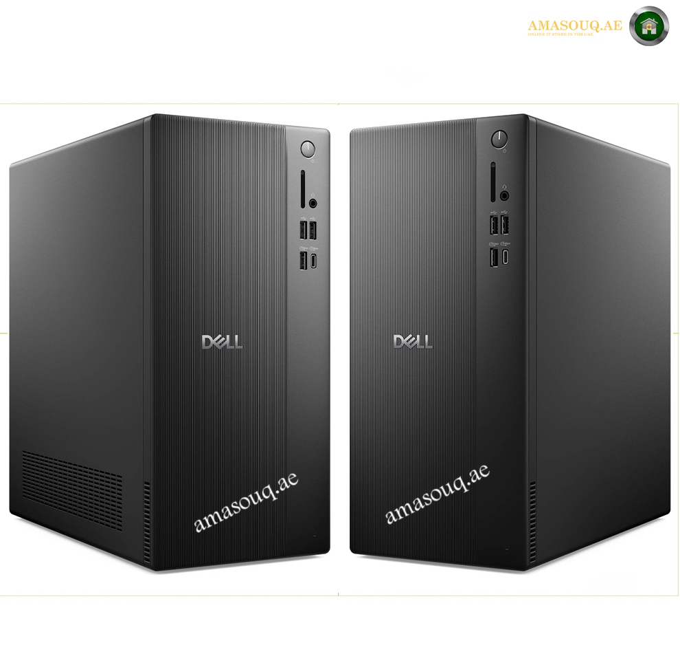 dell-pro-tower-qvt1260-i5-14500-specifications. Two black Dell desktop towers shown side by side on a white background, with Amasouq.ae watermark text on the front.