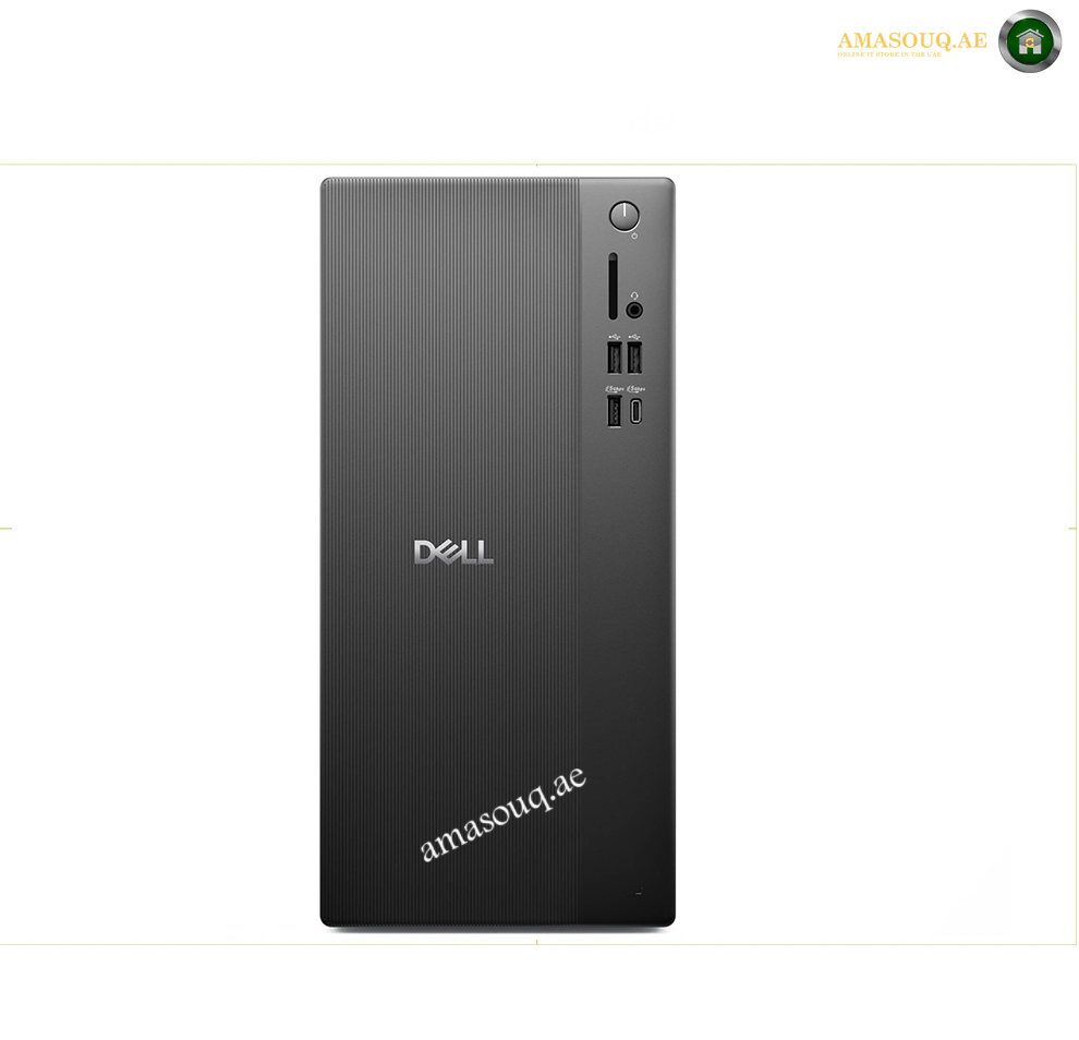 dell-qvt1260-pro-tower-essential-front-side. A Dell desktop computer tower shown from the back, featuring a textured dark gray finish, the silver Dell logo, and port cutouts on the right side, set against a plain white background.