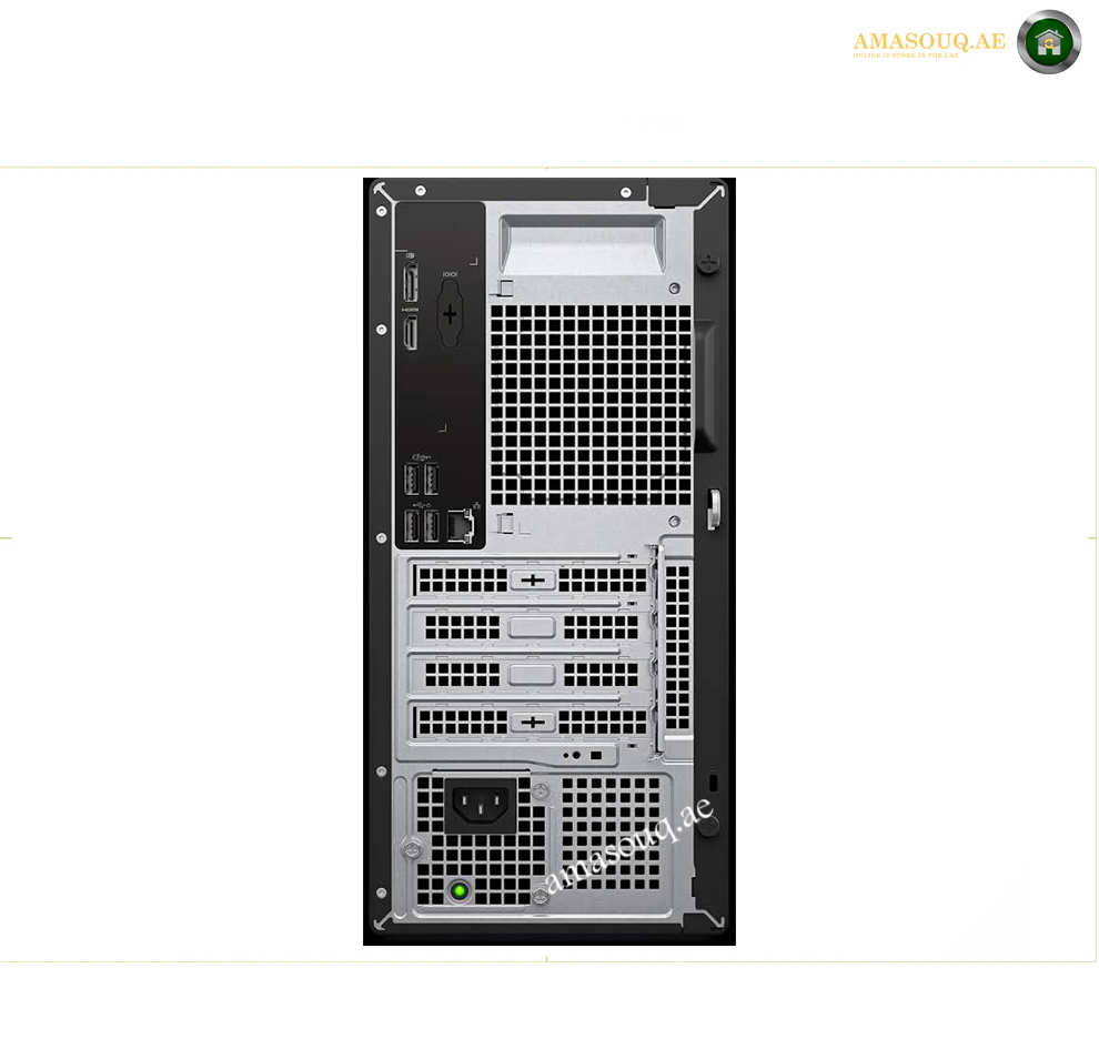 dell-qvt1260-pro-tower-essential-rear. The rear view of a black and silver desktop computer tower, showing ventilation grilles, power supply, and ports, set against a white background with a watermark.