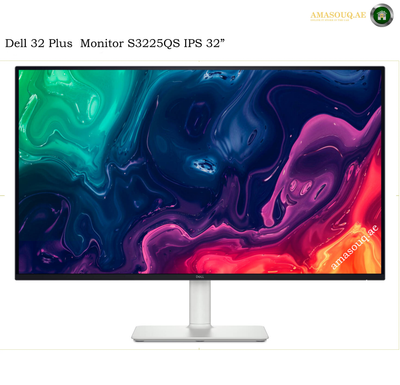 Dell S3225QS 31.5-inch 4K UHD 120Hz VA Monitor. Dell 32 Plus Monitor S3225QS IPS 32 inch computer monitor with a slim black bezel and silver stand, displaying a colorful abstract liquid swirl wallpaper on a white background.