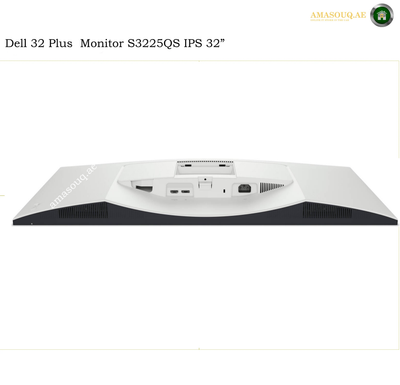 Dell S3225QS HDMI 2.1 and DisplayPort 1.4 ports. Dell 32 Plus Monitor S3225QS IPS 32 inch computer monitor shown from the back, featuring a white plastic chassis with various port connectors on the rear panel.