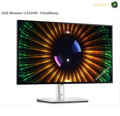 Dell U2424H 120Hz Full HD IPS monitor. Dell monitor U2424H UltraSharp with a slim black bezel and silver stand, displaying a colorful radial light pattern on a white background.