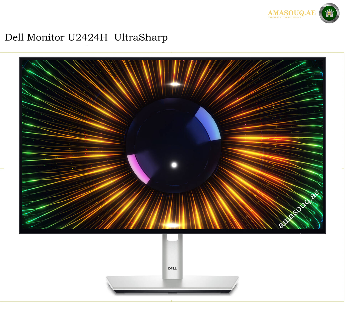 Dell U2424H 23.8 inch Full HD IPS monitor. Dell monitor U2424H UltraSharp with a wide screen and silver stand, displaying a colorful radial light burst wallpaper on a white background.
