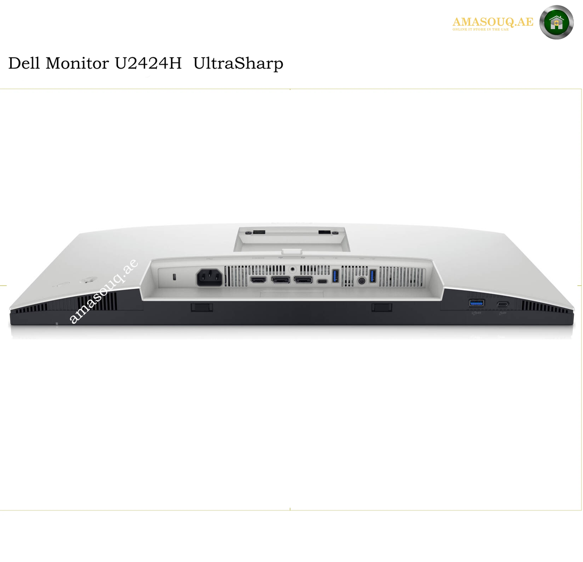 dell-u2424h-displayport-mst. Dell monitor rear view showing ports and ventilation grilles on a white background, with text reading 'Dell Monitor U2424H UltraSharp' and an 'AMASOUQAE' watermark.