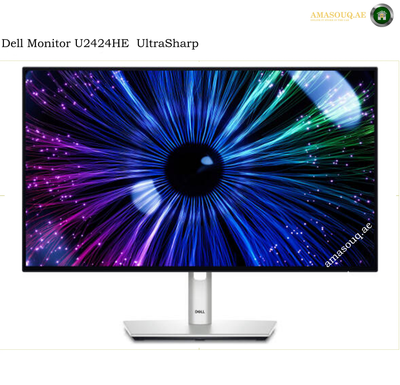 Dell U2424HE 23.8 inch Full HD IPS monitor. Dell UltraSharp U2424HE 24-inch monitor with a slim silver stand, shown on a white background with text overlay 'Dell Monitor U2424HE UltraSharp'.