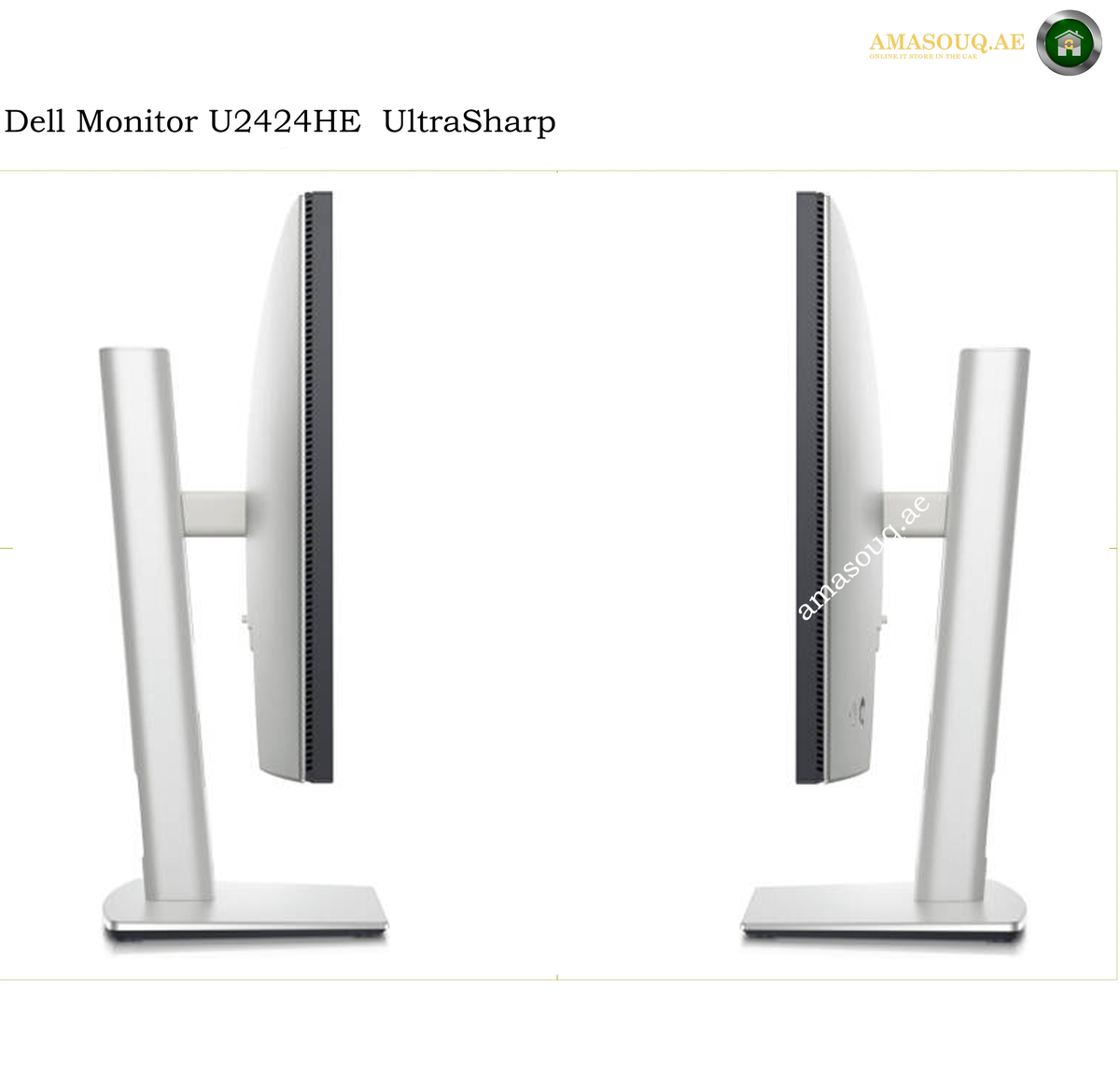 Dell U2424HE USB-C 90W Power Delivery monitor. Two views of a Dell monitor U2424HE UltraSharp showing the slim silver bezel and stand from the front and side on a white background.