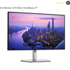 Dell U2725QE 27 inch 4K UHD IPS Black Monitor Front View. A Dell monitor U2725Qe UltraSharp 27-inch model with a slim black bezel and a silver stand, displaying a colorful city skyline at dusk on a white background.