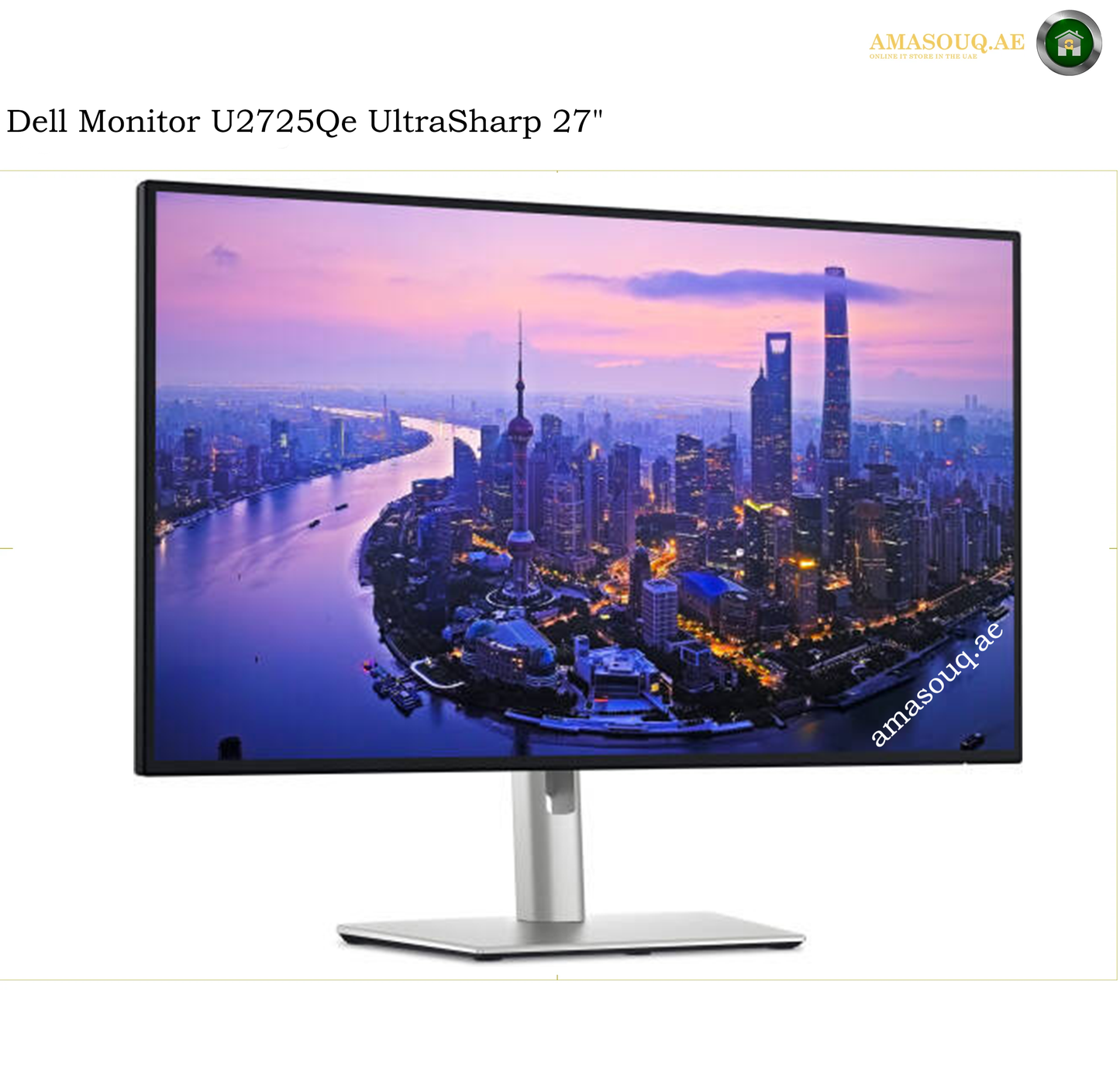Dell U2725QE 27 inch 4K UHD IPS Black Monitor Front View. A Dell monitor U2725Qe UltraSharp 27-inch model with a slim black bezel and a silver stand, displaying a colorful city skyline at dusk on a white background.