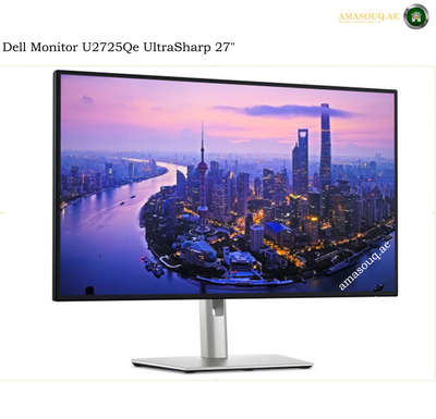 Dell U2725QE 27 inch 4K UHD IPS Black Monitor Front View. A Dell monitor U2725Qe UltraSharp 27-inch model with a slim black bezel and a silver stand, displaying a colorful city skyline at dusk on a white background.