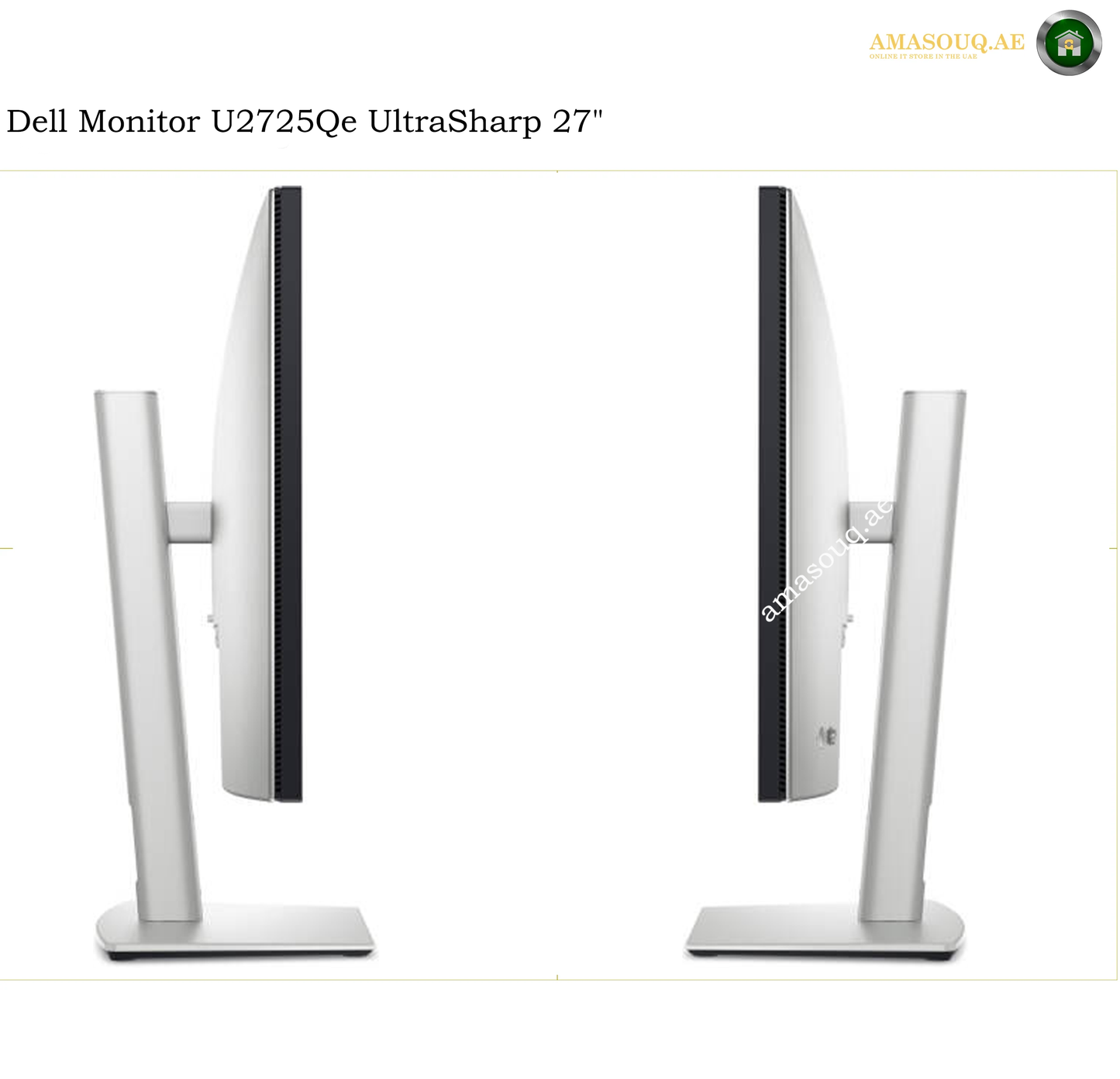 Dell U2725QE Height Adjustable Tilt Swivel Pivot Stand. Two views of a Dell monitor U2725Qe UltraSharp 27 inches on a white background, showing the front and side profiles of the silver stand.