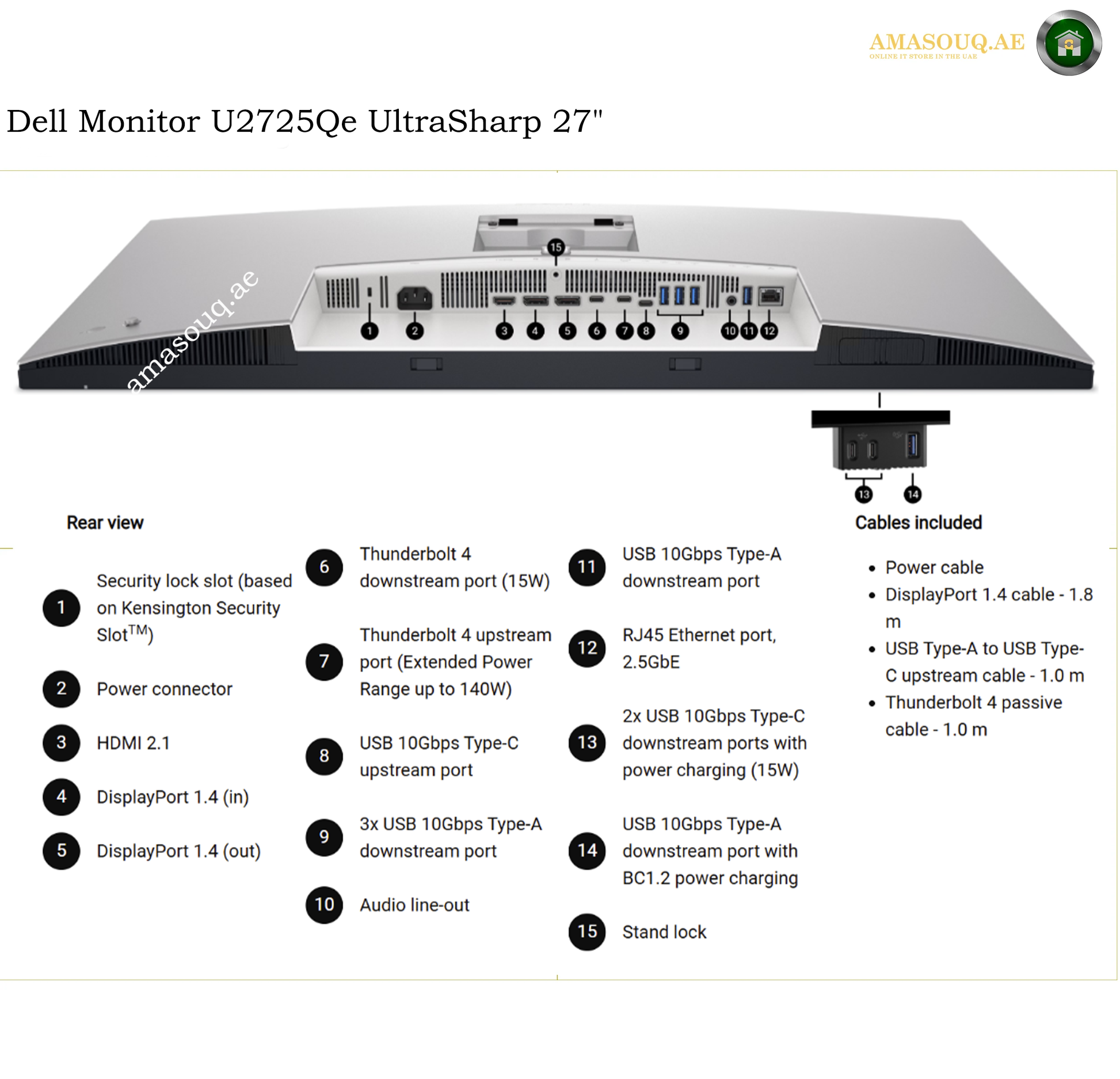 dell-u2725qe-ports-connectivity. A Dell Monitor U2725Qe UltraSharp 27-inch monitor shown from the rear on a white background, with a detailed specification and cable list printed below. The brand logo 'AMASOUQAE' is visible in the top right corner.