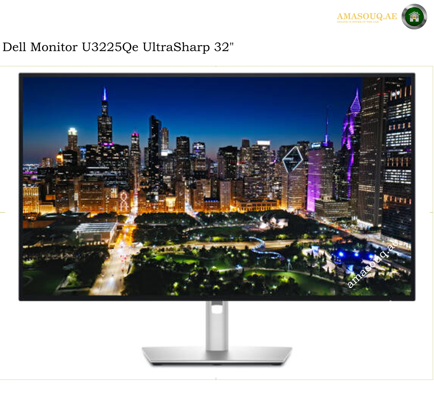 Dell U3225QE 31.5 Inch 4K UHD IPS Black Monitor Front View. Dell monitor U3225Qe UltraSharp 32-inch display shown on a white background with a city skyline wallpaper on the screen. Brand text 'Dell Monitor U3225Qe UltraSharp 32"' appears at the top, and 'AMASOUQAE' is visible on the screen.