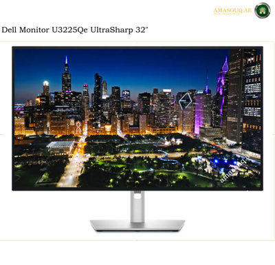 Dell U3225QE 31.5 Inch 4K UHD IPS Black Monitor Front View. Dell monitor U3225Qe UltraSharp 32-inch display shown on a white background with a city skyline wallpaper on the screen. Brand text 'Dell Monitor U3225Qe UltraSharp 32"' appears at the top, and 'AMASOUQAE' is visible on the screen.