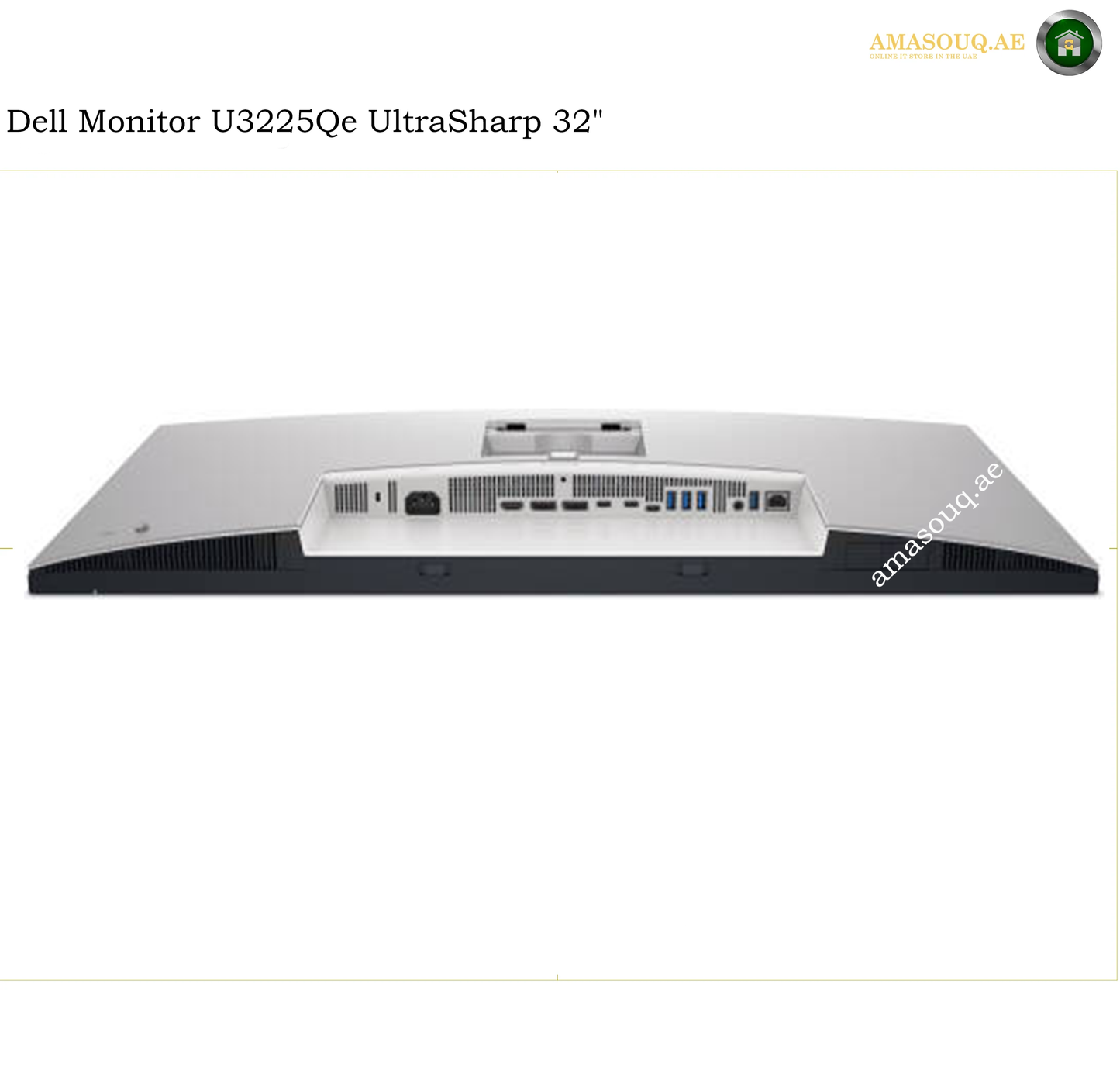 Dell U3225QE HDMI DisplayPort Thunderbolt 4 USB Ports. Dell Monitor U3225Qe UltraSharp 32-inch display shown from the rear, featuring a silver aluminum chassis, a white port panel with various connectors, and a black base, set against a plain white background.