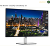 Dell U3225QE Thunderbolt 4 140W Power Delivery Monitor. Dell Monitor U3225Qe UltraSharp 32-inch computer monitor with a silver stand, displaying a vibrant city skyline at night on a white background.
