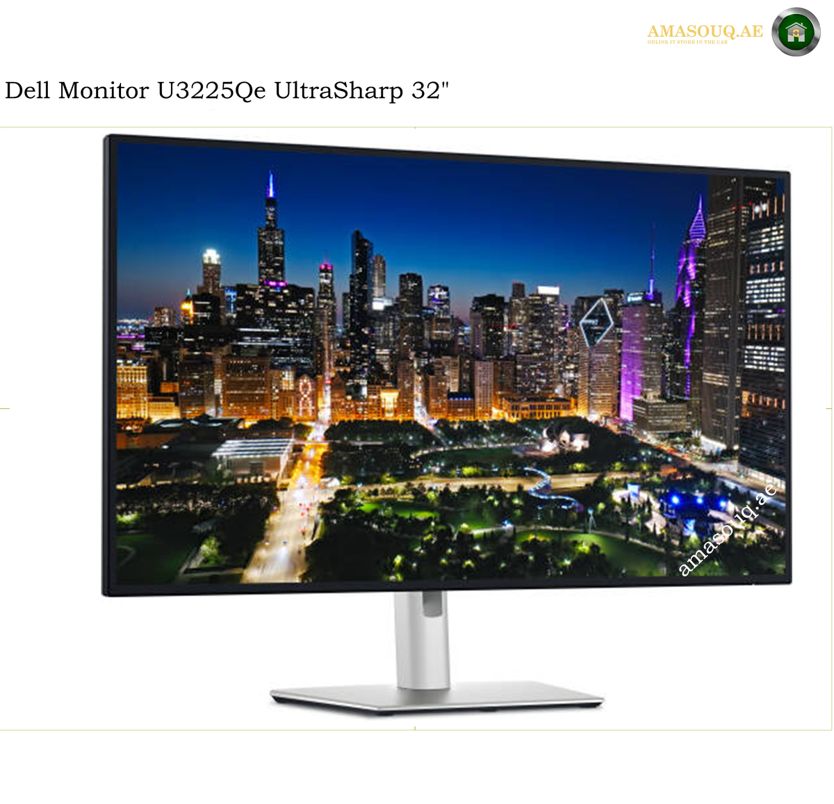 Dell U3225QE Thunderbolt 4 140W Power Delivery Monitor. Dell Monitor U3225Qe UltraSharp 32-inch computer monitor with a silver stand, displaying a vibrant city skyline at night on a white background.