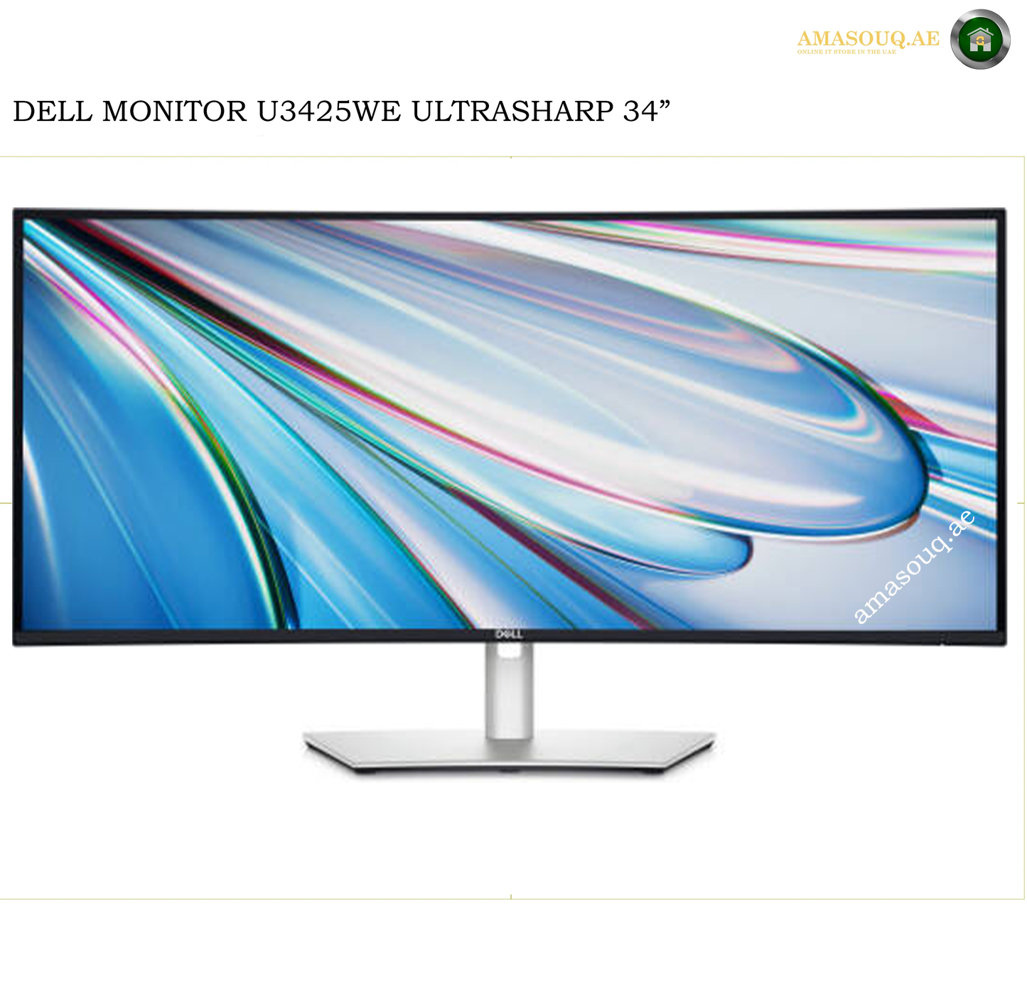 Dell U3425WE 34.1 Inch Curved WQHD IPS Black Monitor Front View. Dell monitor U3425WE ultrasharp 34-inch display with a slim black bezel and silver stand, shown on a white background with text overlay.