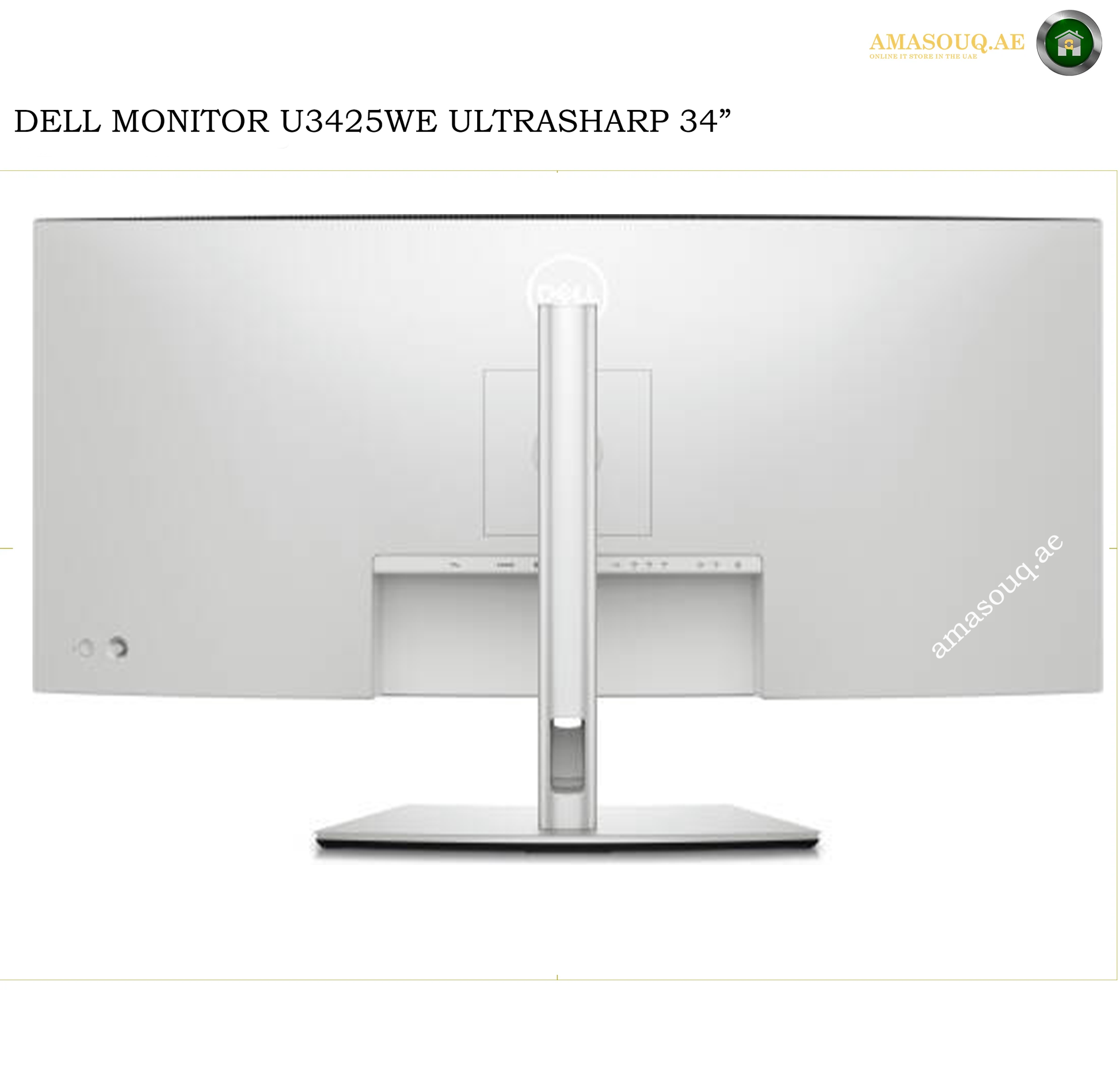 Dell U3425WE 34.1 Inch Curved Monitor Back View. Dell monitor U3425WE ultrasharp 34-inch rear view showing the back panel and stand on a white background.